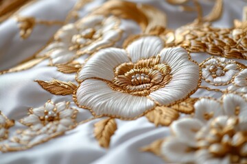 Fototapeta premium Intricately embroidered white fabric with ornate gold flowers, showcasing delicate textures and exquisite craftsmanship.
