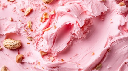This image features smooth, pink cream spread across a surface with scattered peanuts, showcasing a textured and appetizing look for culinary presentations.