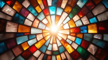 A radiant stained glass window bursts with colors as sunlight beams through, creating a kaleidoscope of hues in an intricate design, symbolizing hope and inspiration.