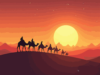 Camels at Sunset in the Desert