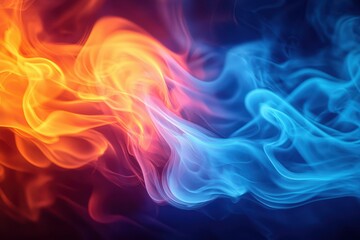 Obraz premium Vibrant swirling smoke of orange and blue hues creates a mesmerizing abstract pattern, evoking energy and movement.