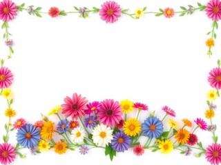 Multicolored flowers in a beautiful frame on a white background, with space in the middle for text or design, vibrant, decoration, copy space