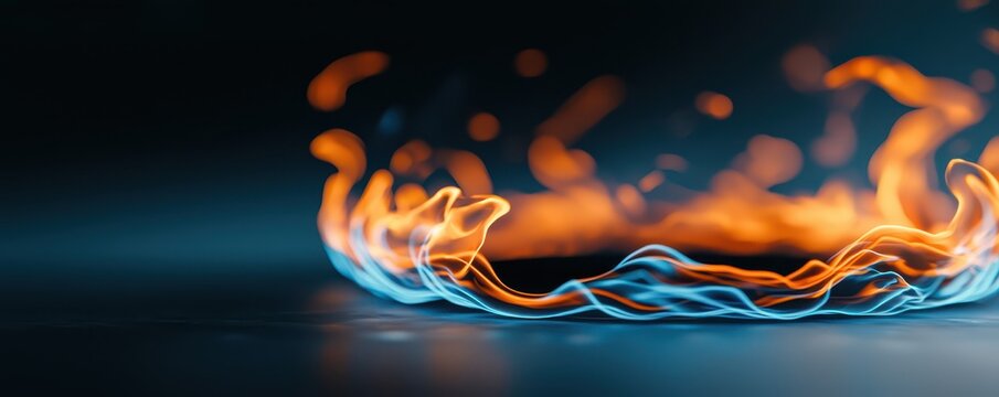 A glowing circle of vibrant orange flames with blue accents, set against a dark background, creating a striking visual effect.