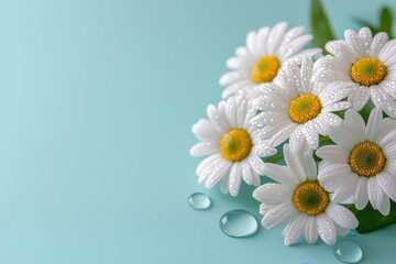 Fototapeta premium A bouquet of daisies with droplets on a soft blue background, conveying freshness and natural beauty.