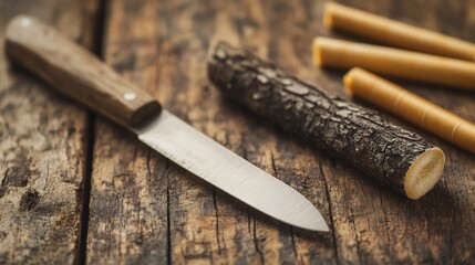 Close-up of Grafting Knife Precisely Cutting Tree Branch on Rustic Wooden Surface