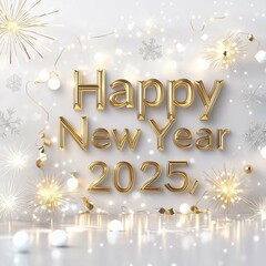 Happy New Year 2025 Greeting with Gold Text, Festive Snowflakes and Fireworks Background, Celebration Concept, Holiday Card, New Year Wishes, Festive Season, Countdown to 2025