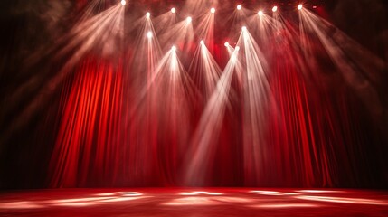Bright red backdrop with radial light beams emanating