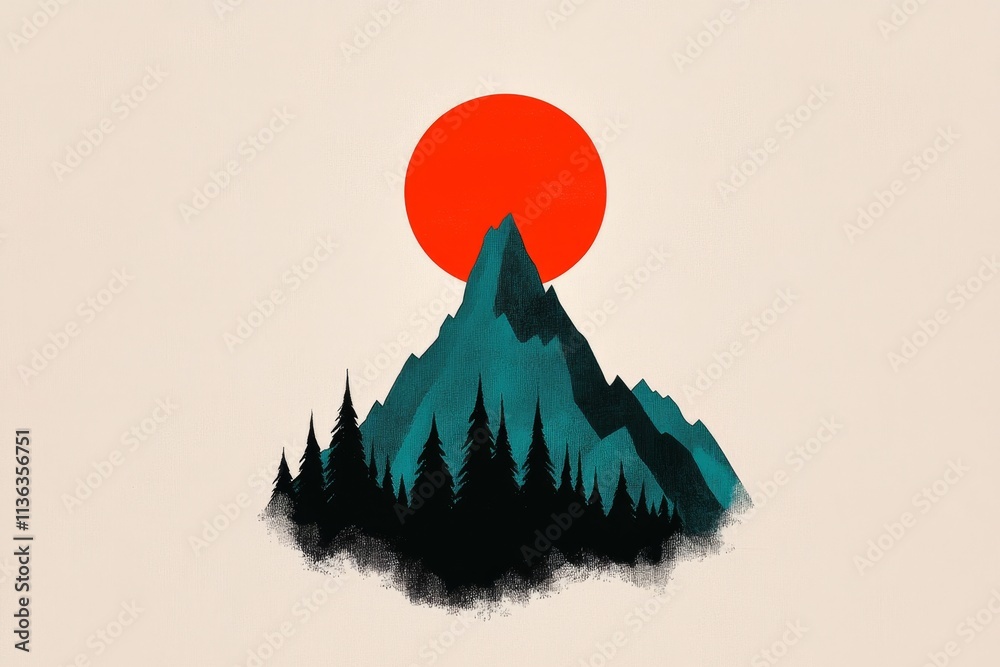 Poster a minimalist illustration of a mountain silhouette with a rising sun, symbolizing growth and transfo