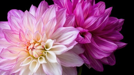 Vibrant Pink and White Dahlia Flowers on Black Background