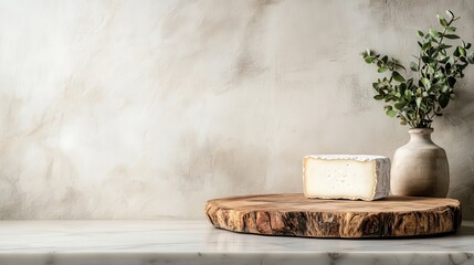 A block of soft Brie cheese rests on a wooden slab, beside a clay vase holding eucalyptus, exuding a minimalist and rustic aesthetic in a serene setting.