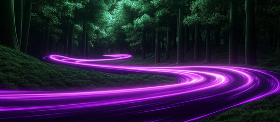 Dark green forest background with flowing neon purple streaks, offering a bold visual contrast