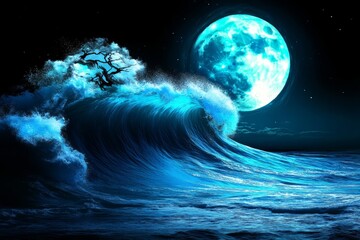 A mythical sea creature emerging from the waves, glowing in hues of blue and green under a full moon