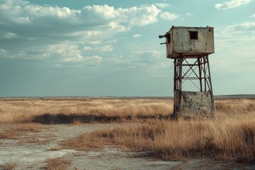 An abandoned guard tower stands solitary amidst a vast, dry grassland under a sky dotted with clouds, evoking a sense of loneliness and nostalgia.