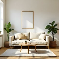 A cozy and minimalist living room with a beige sofa, wooden coffee table, and framed artwork on the wall. The room has a warm and natural aesthetic with wooden elements and potted plants