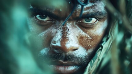 A close-up portrait capturing the focused and intense gaze of a soldier during a mission, evoking determination, vigilance, and concentration.