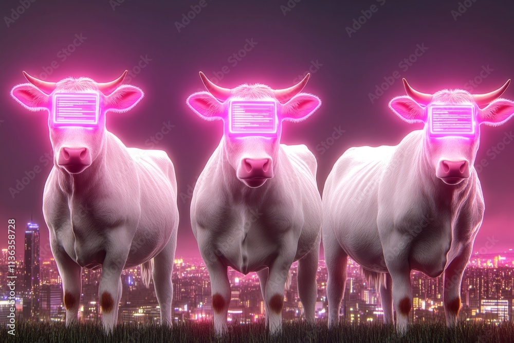 Poster a neon-lit cyberpunk farm where robotic systems manage cattle and ewes, with glowing collars trackin