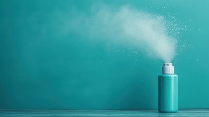 A minimalistic image depicting a turquoise spray bottle releasing a delicate mist, set against a matching turquoise backdrop on a subtle wooden surface.
