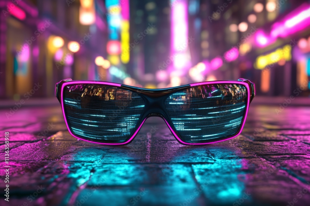 Aufkleber a neon-lit cyberpunk vision of eyeglasses with glowing frames, displaying holographic data in a bust