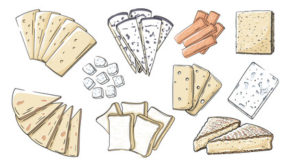 Set of cheese types isolated on white background. Cheese design. Vector illustration