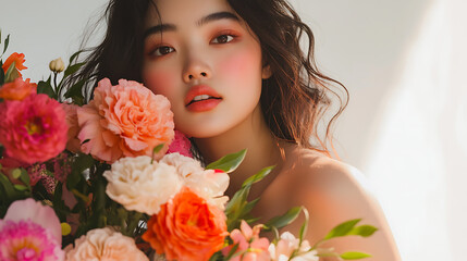 Naklejka premium Woman with a Bouquet of Spring Flowers