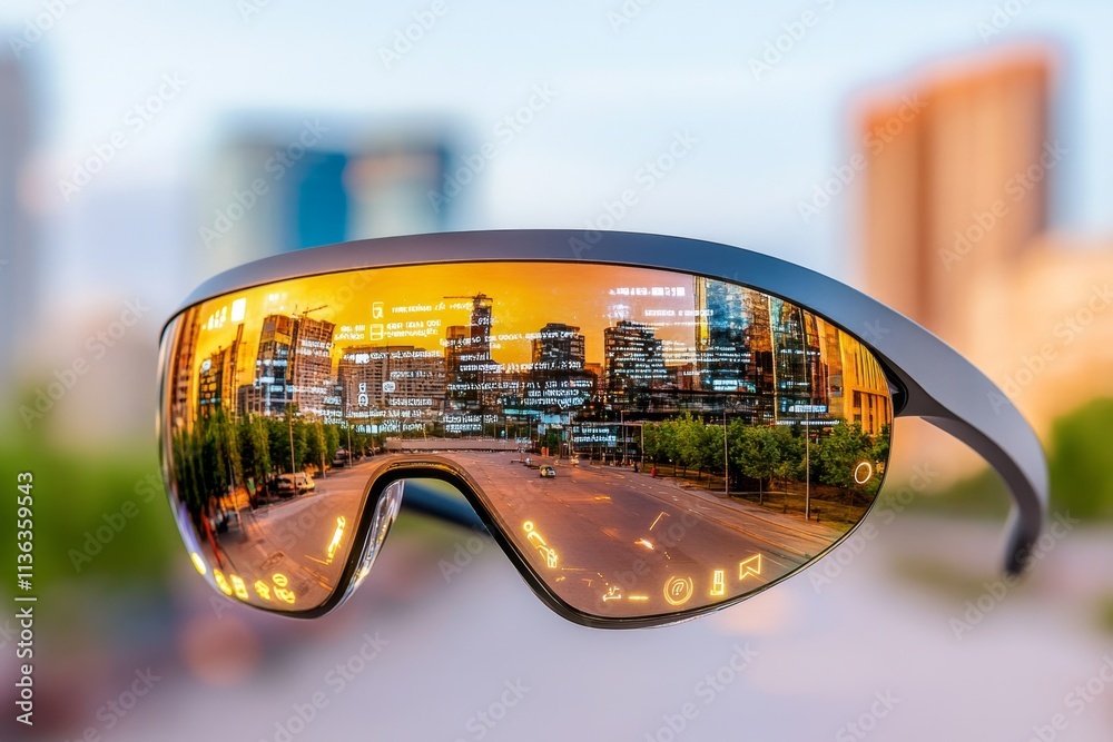 Poster A pair of futuristic smart eyeglasses displaying augmented reality notifications, with holographic text and glowing icons in a high-tech urban setting