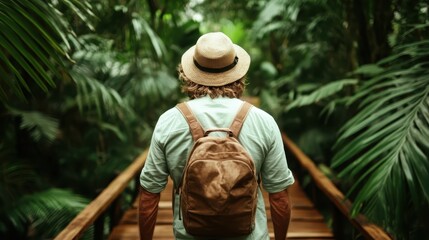An explorer with a sturdy backpack walks along a wooden path through dense jungle greenery, symbolizing adventure, journey into the wild, and connection with nature.