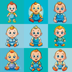Set of a cute baby in underpants with different styles. Vector illustration in flat cartoon style.