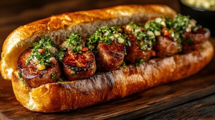 Juicy grilled sausages topped with a generous serving of chimichurri sauce are nestled in a fresh bread roll, presenting a delicious and savory street food delight.