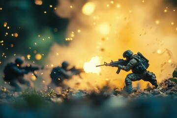 Naklejka premium Amidst fiery explosions, miniature soldiers engage in a dramatic battle scene, capturing the intensity and chaos of warfare.