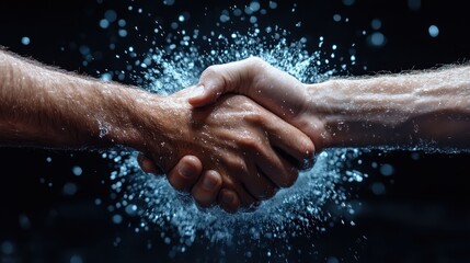 Fototapeta premium A powerful handshake captured mid-action with water splashes flying around, symbolizing energy, collaboration, and dynamic interactions between two individuals.