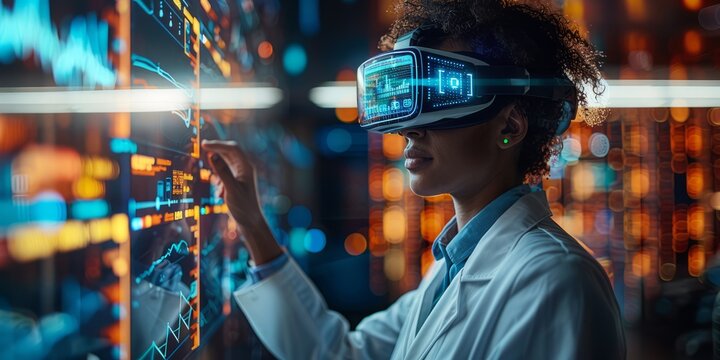 A futuristic scientist using virtual reality goggles to interact with a digital interface in a high-tech lab environment
