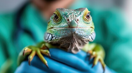 Fototapeta premium A striking image of a green lizard resting within blue-gloved hands, this shot emphasizes care and the connection between humans and reptiles.