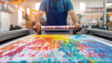 Obraz premium Technician Adjusting Settings on Vibrant Modern Printing Press