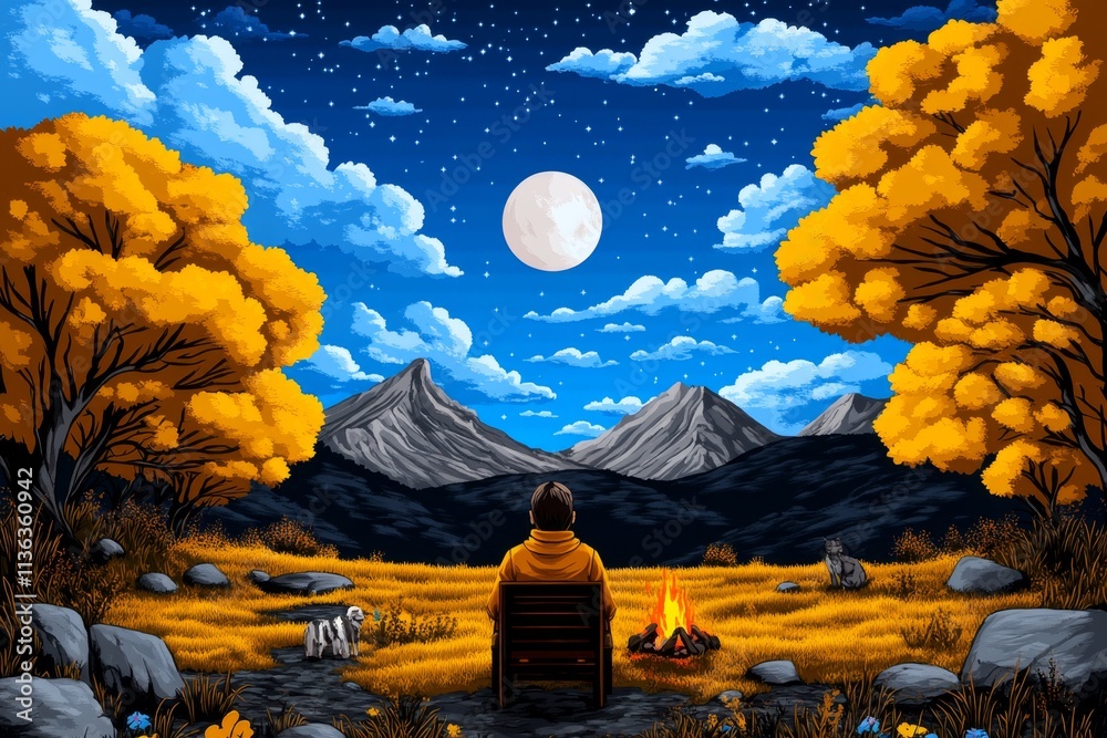 Aufkleber a pixel art adventure scene of a character camping under the stars, with a crackling fire and animat