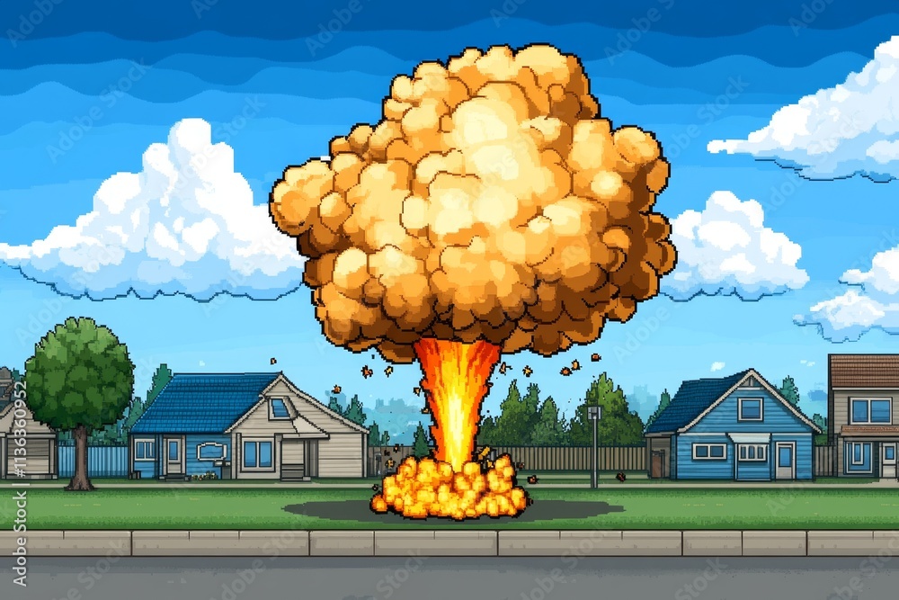 Aufkleber A pixel art explosion in a retro video game setting, with blocky flames and smoke animated in vibrant pixelated patterns