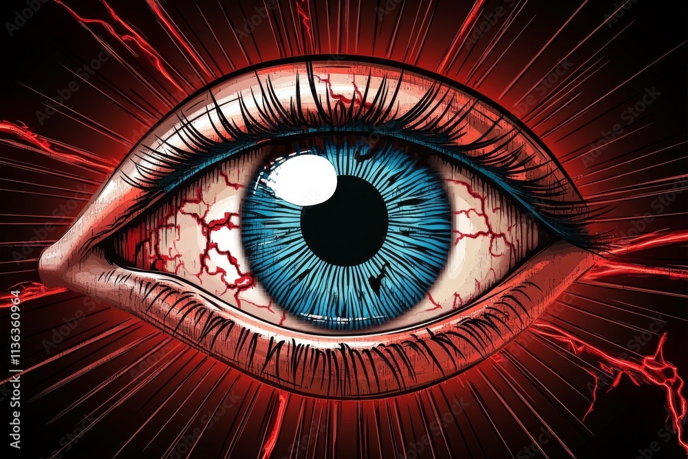 Poster A pixel art eye with vibrant colors, blinking slowly in a retro-style animation, set against a dark background