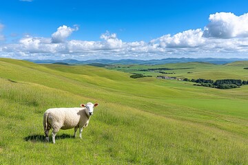 Fototapeta premium A scenic image of cattle and ewes grazing on a hillside with a clear view of a village and fields in the distance