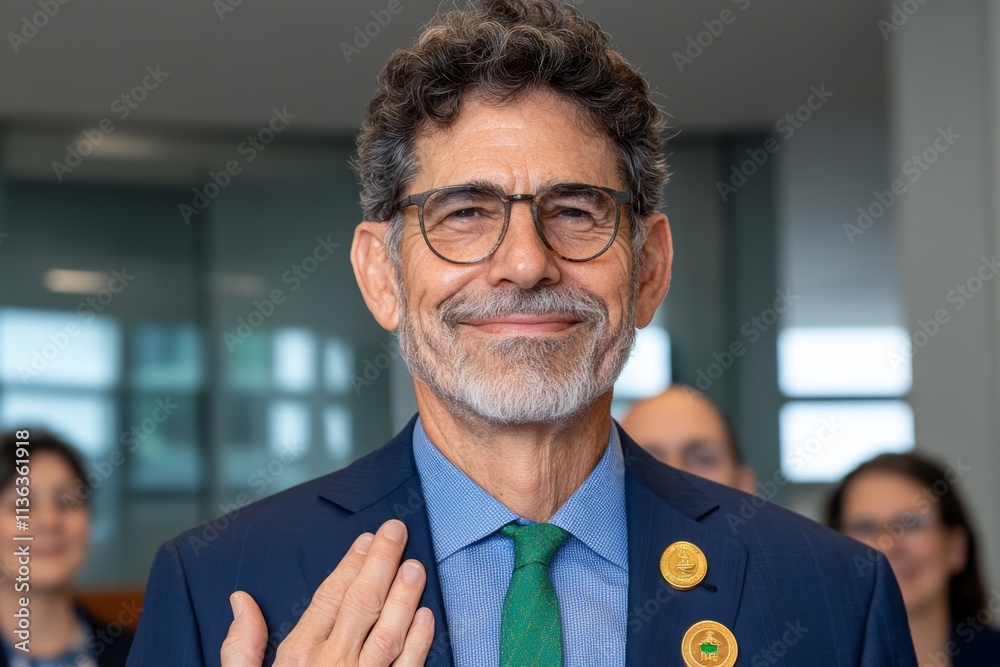 Poster a scientist in a lab holding a prestigious medal for groundbreaking research, surrounded by lab equi