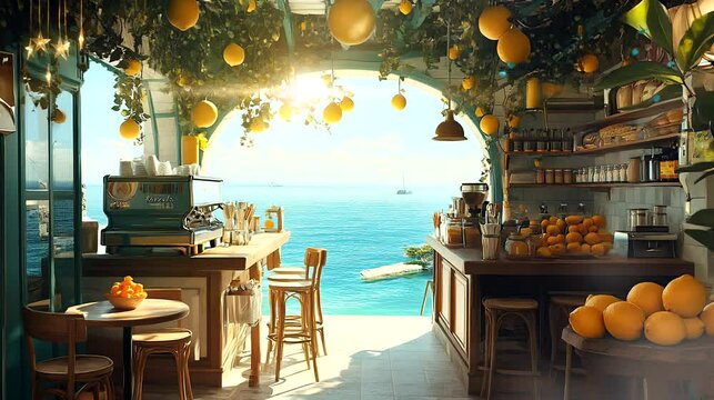 Coastal Cafe with Hanging Lemons and Ocean View