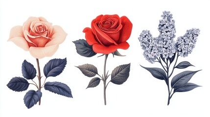 Fototapeta premium Three beautifully illustrated flowers: a soft pink rose, a vibrant red rose, and a delicate lilac cluster, each with rich green leaves.
