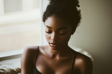 A woman sits by the window, softly lit by natural light, her serene expression reflecting contemplative introspection in a tranquil, intimate moment.