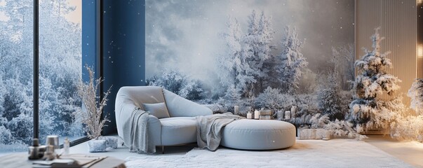 Modern living room with snowy forest wallpaper during winter season