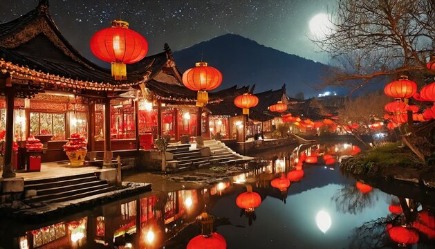 Klenteng at night, illuminated by red lanterns