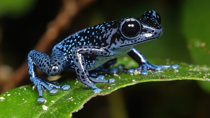 Obraz premium A close-up of a vibrant blue-back reed frog, Heterixalus madagascariensis, perched on a lush green leaf in Madagascar's tropical forest.