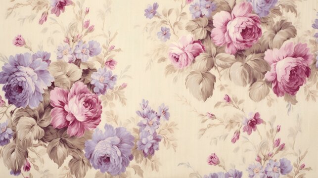 Fototapeta Vintage Floral Pattern with Roses and Lilacs