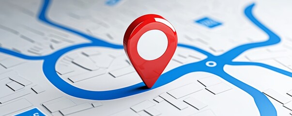 Fototapeta premium A vibrant red location pin sits prominently on a city map, highlighting a specific spot amidst winding blue streets.
