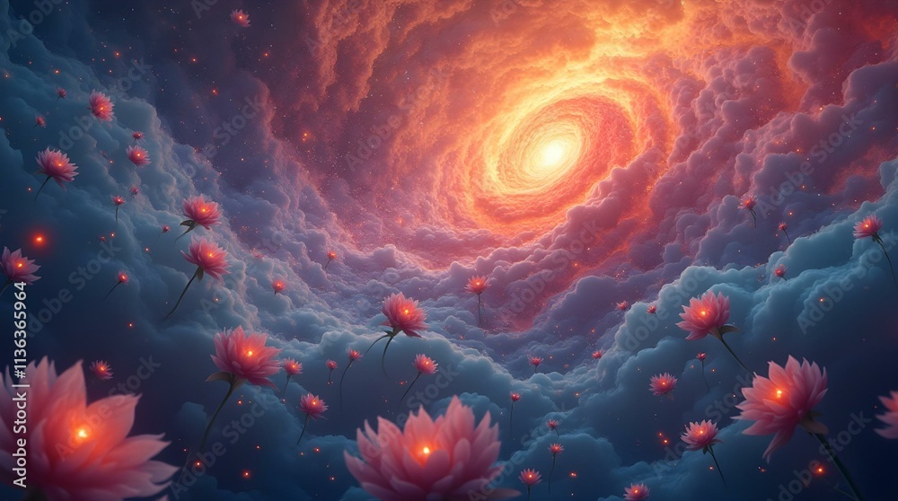 Poster An abstract and surreal image of a vibrant orange and red formation resembling a blooming flower. The structure is composed of swirling, tendril-like shapes
