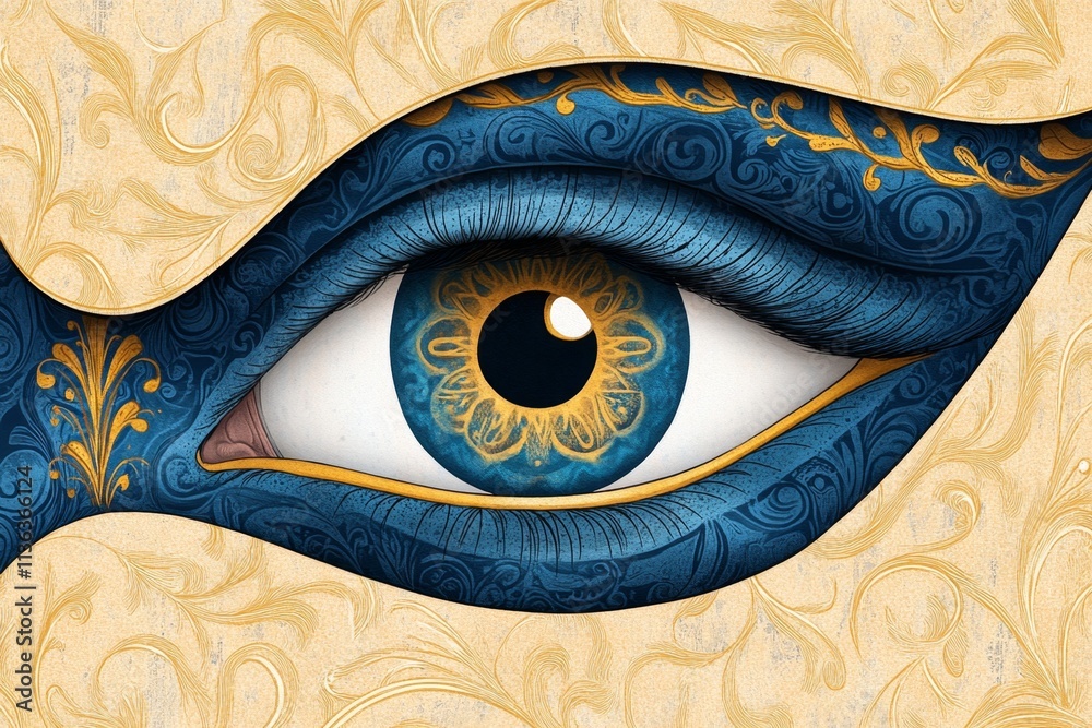 Poster a vintage-style poster featuring an elegant eye design with ornate patterns and muted tones