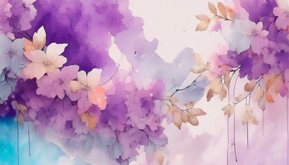 Abstract flowers watercolor painting with spring purple flowers wisteria background graphic resource