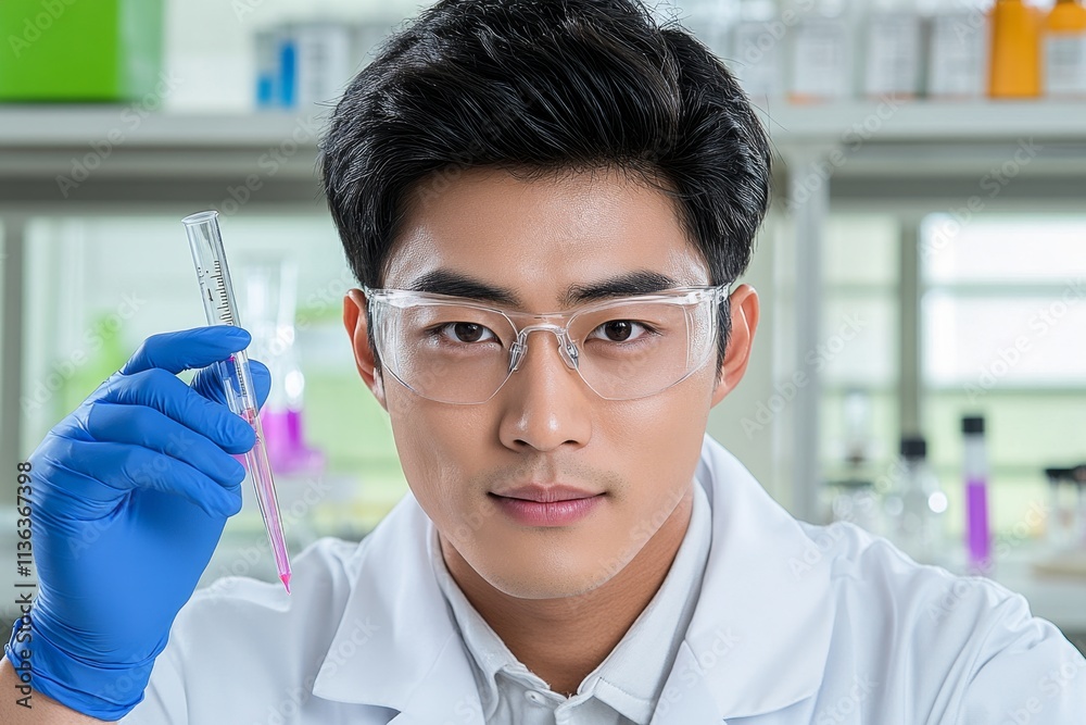 Poster a young scientist wearing safety eyeglasses while conducting an experiment in a brightly lit lab